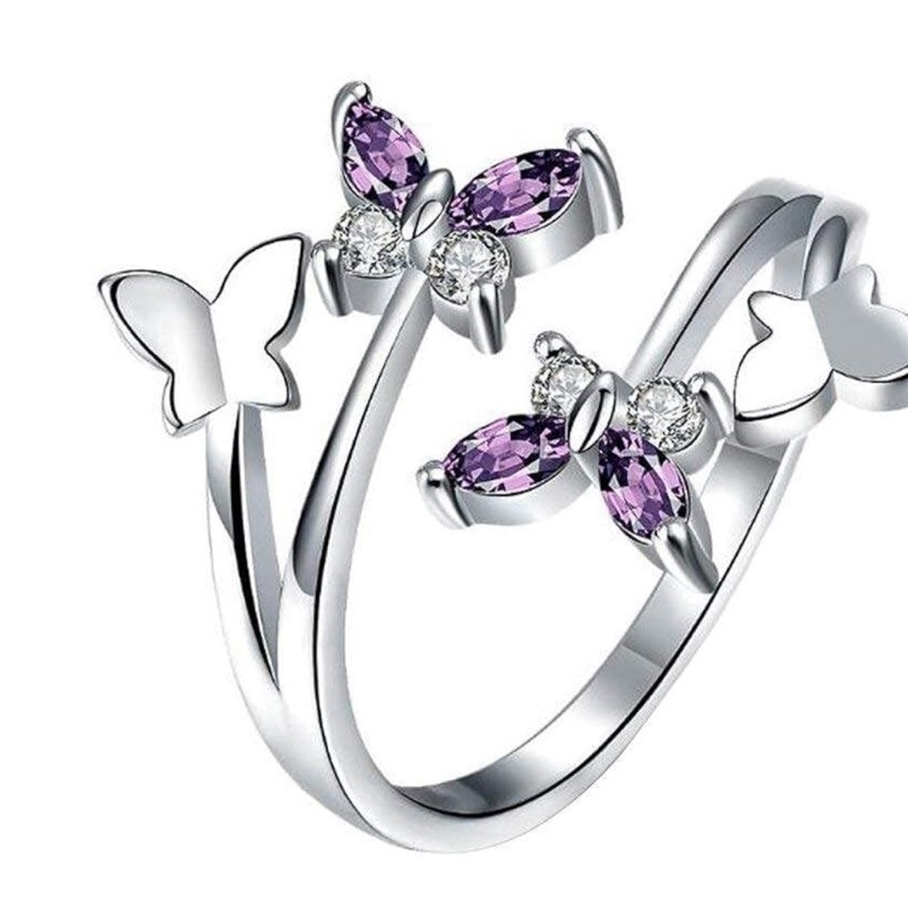 Silver Butterfly Ring with Purple Gemstones